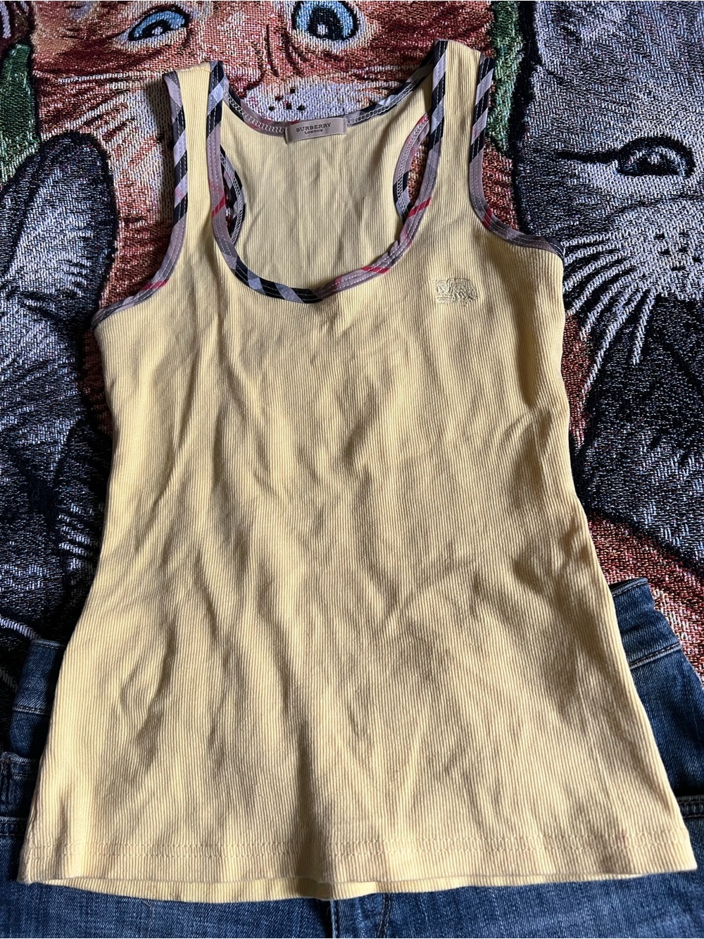 Burberry Yellow Ribbed Tank Top with Signature Check Trim